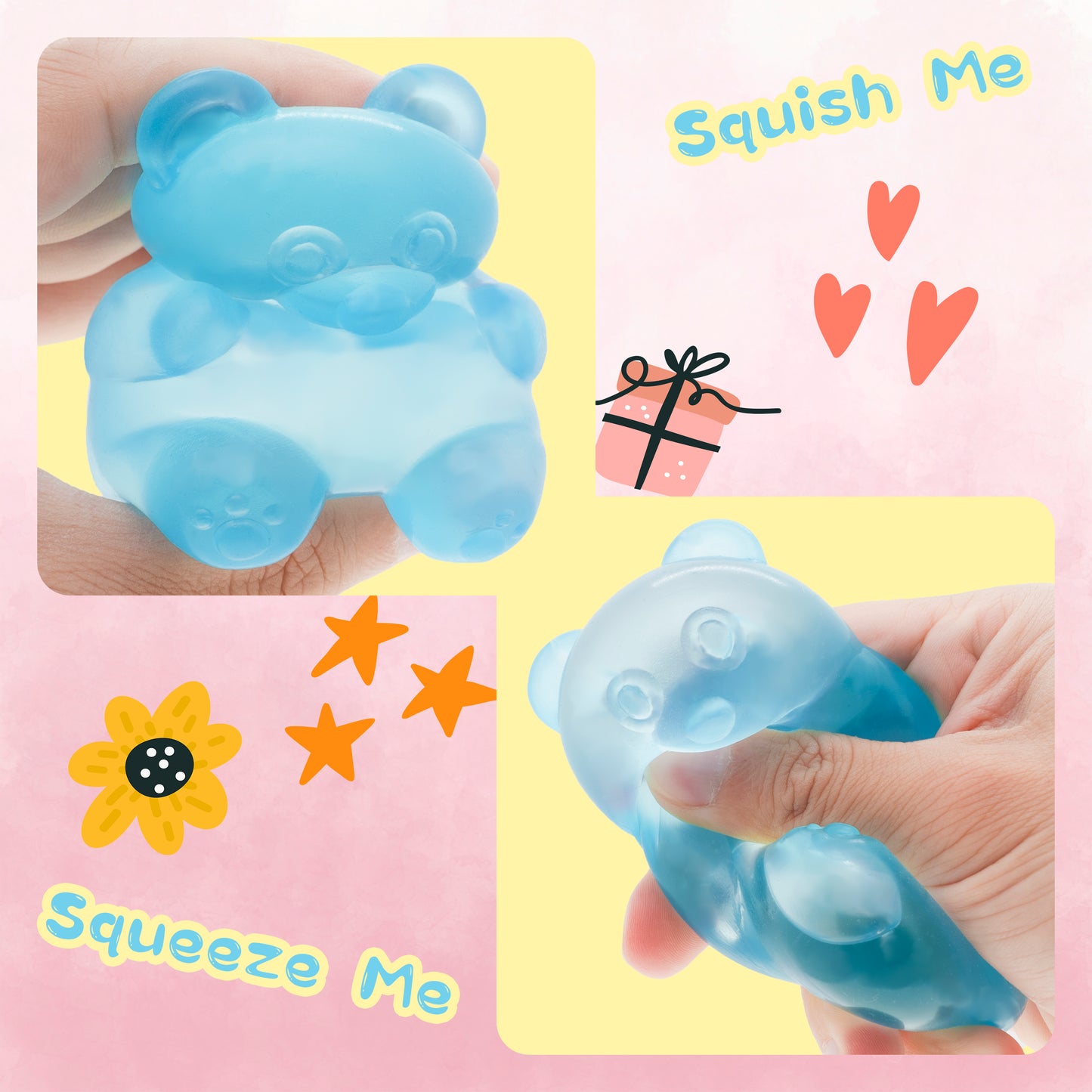 2 Packs Stress Bear Squishy Ball, Gummy Bear Toy, Sugar Filled Squishy Toys for Kids Stress Relief - High Density Squeeze Balls for Students Calming - Ultra-Soft Decompression Venting Toys